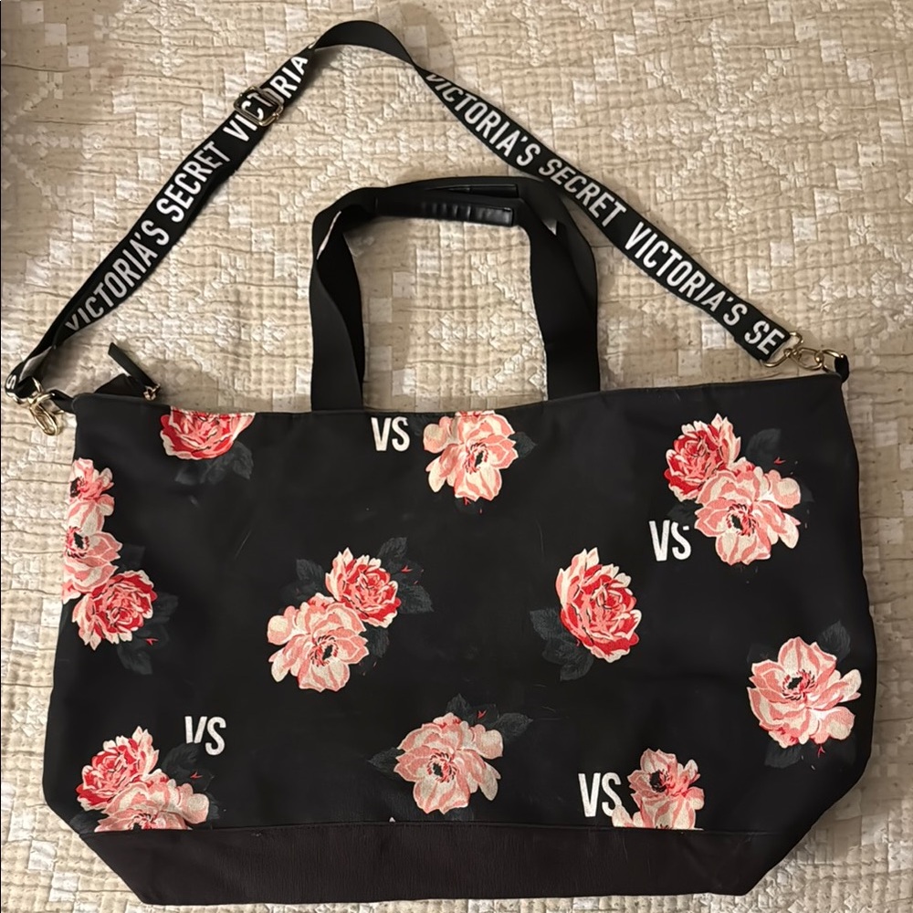 Victoria's Secret Black and Pink Floral Tote